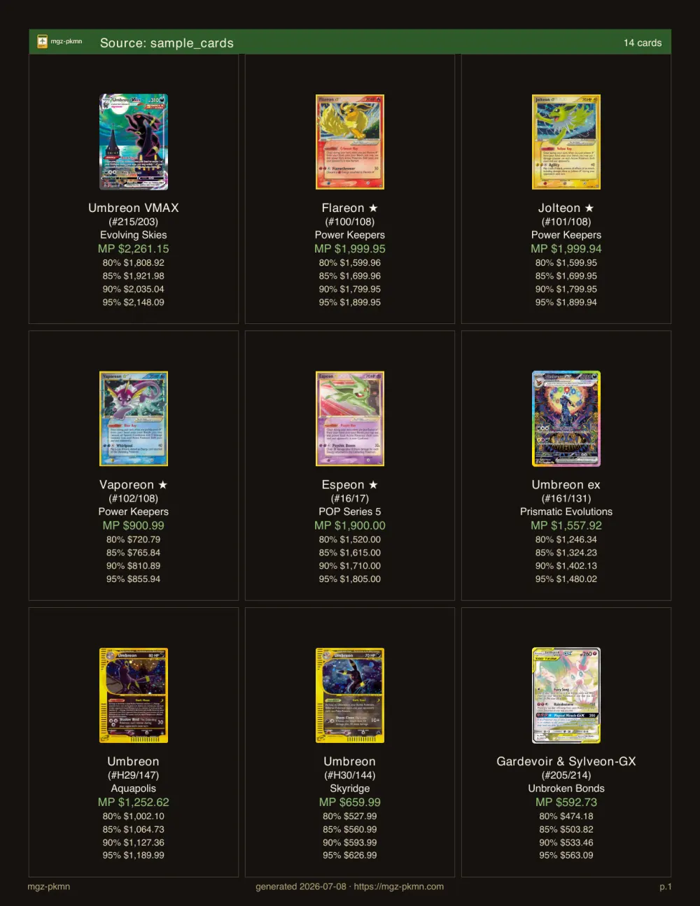 Screenshot of a single page from the generated binder.pdf showing a 3×3 grid of Pokémon TCG cards with prices.
