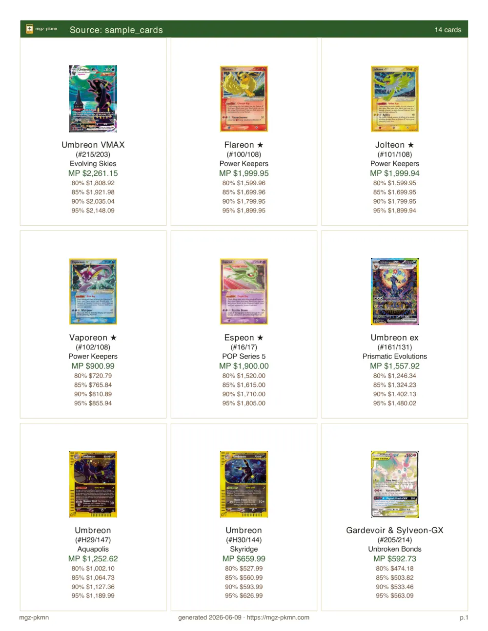 Screenshot of a single page from the generated binder.pdf showing a 3×3 grid of Pokémon TCG cards with prices.