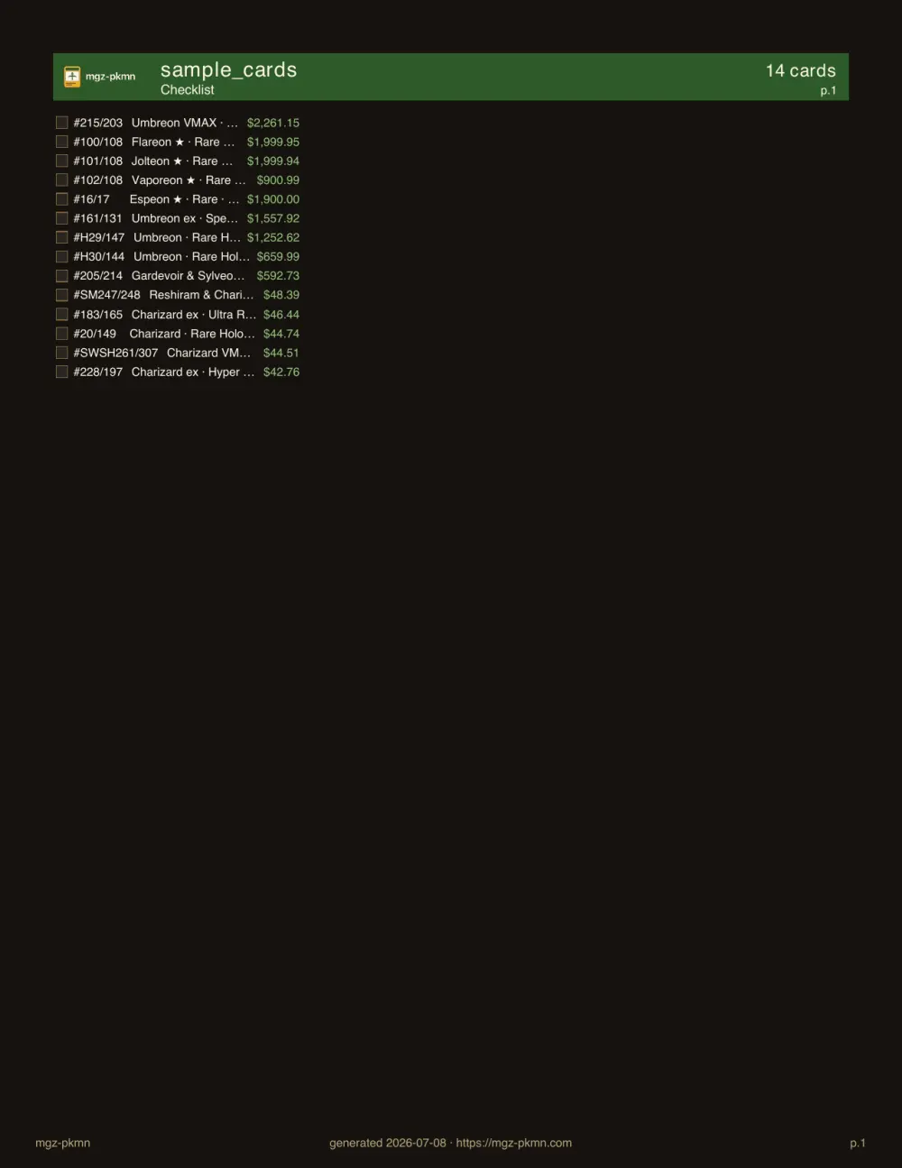 Screenshot of a single page from the generated checklist.pdf listing cards by set with checkbox marks.