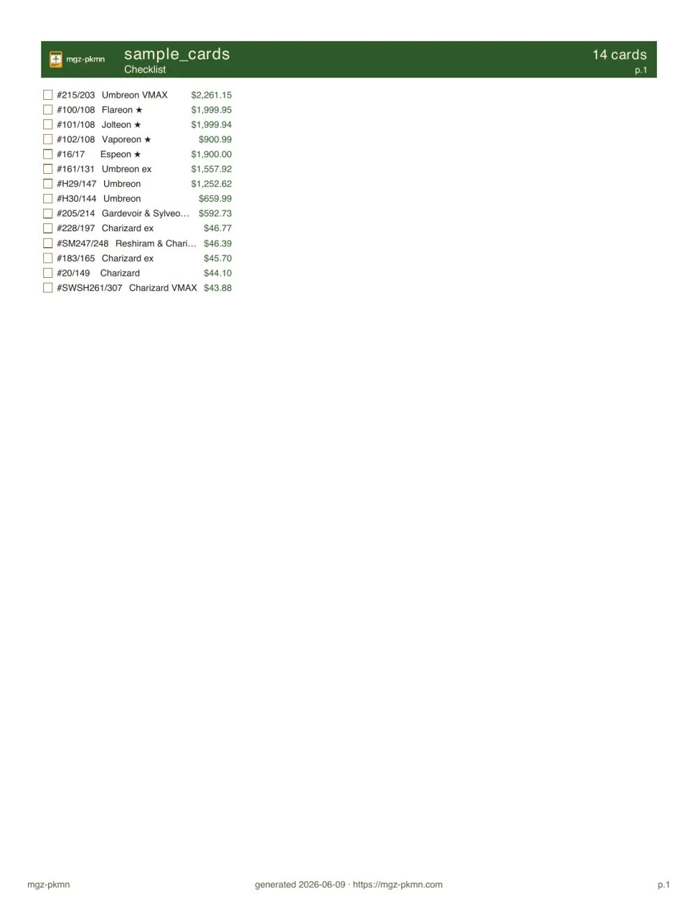 Screenshot of a single page from the generated checklist.pdf listing cards by set with checkbox marks.